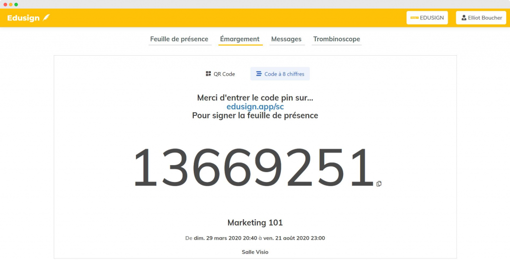code pin et qr code edusign plateforme intervenants