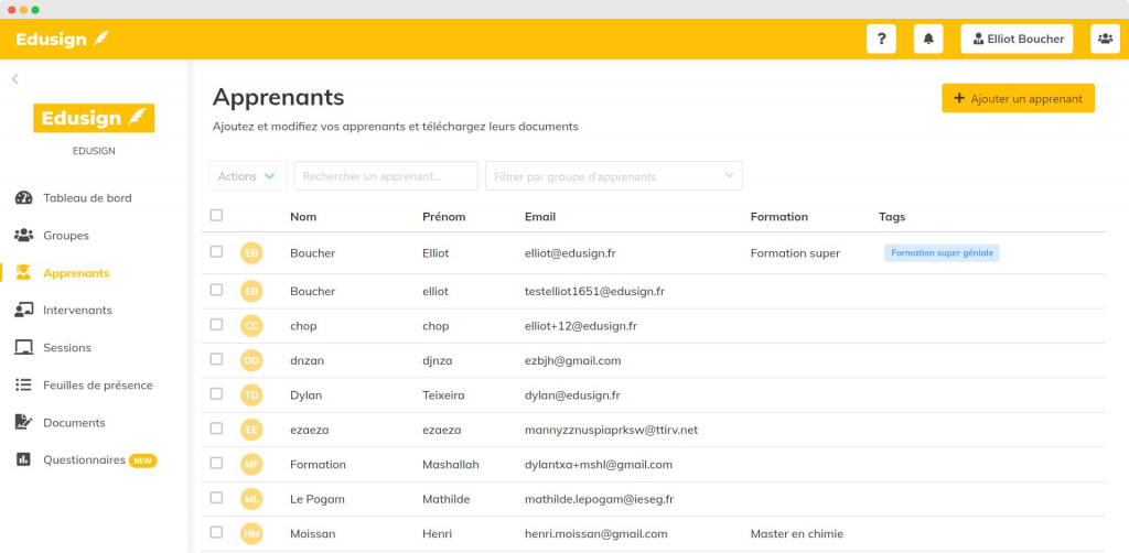 onglet apprenants edusign