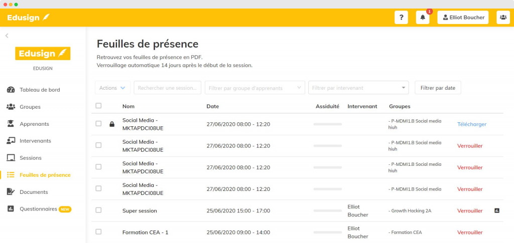Onglet feuilles de présence Edusign